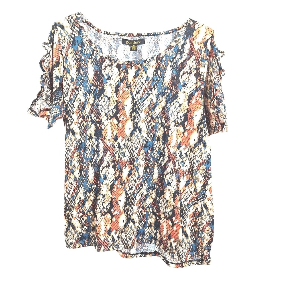 Goddess Womens XL Snakeskin Print  Short Sleeve Lattice Cage Detail Orange Blue